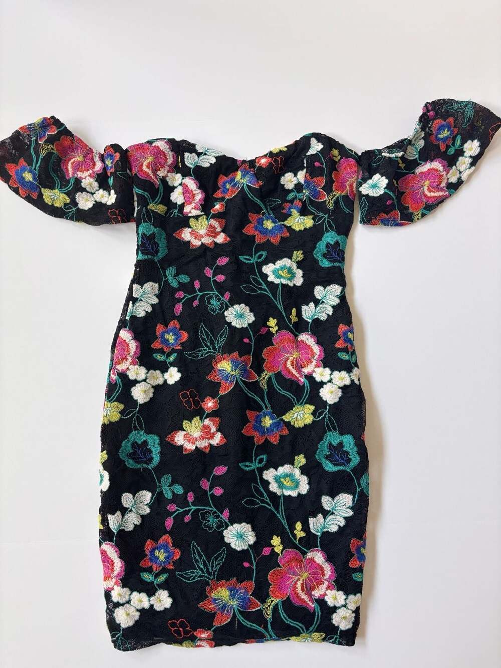 Lulus Hot Tropics Black Lace Embroidered Off-the-Shoulder Mini Dress